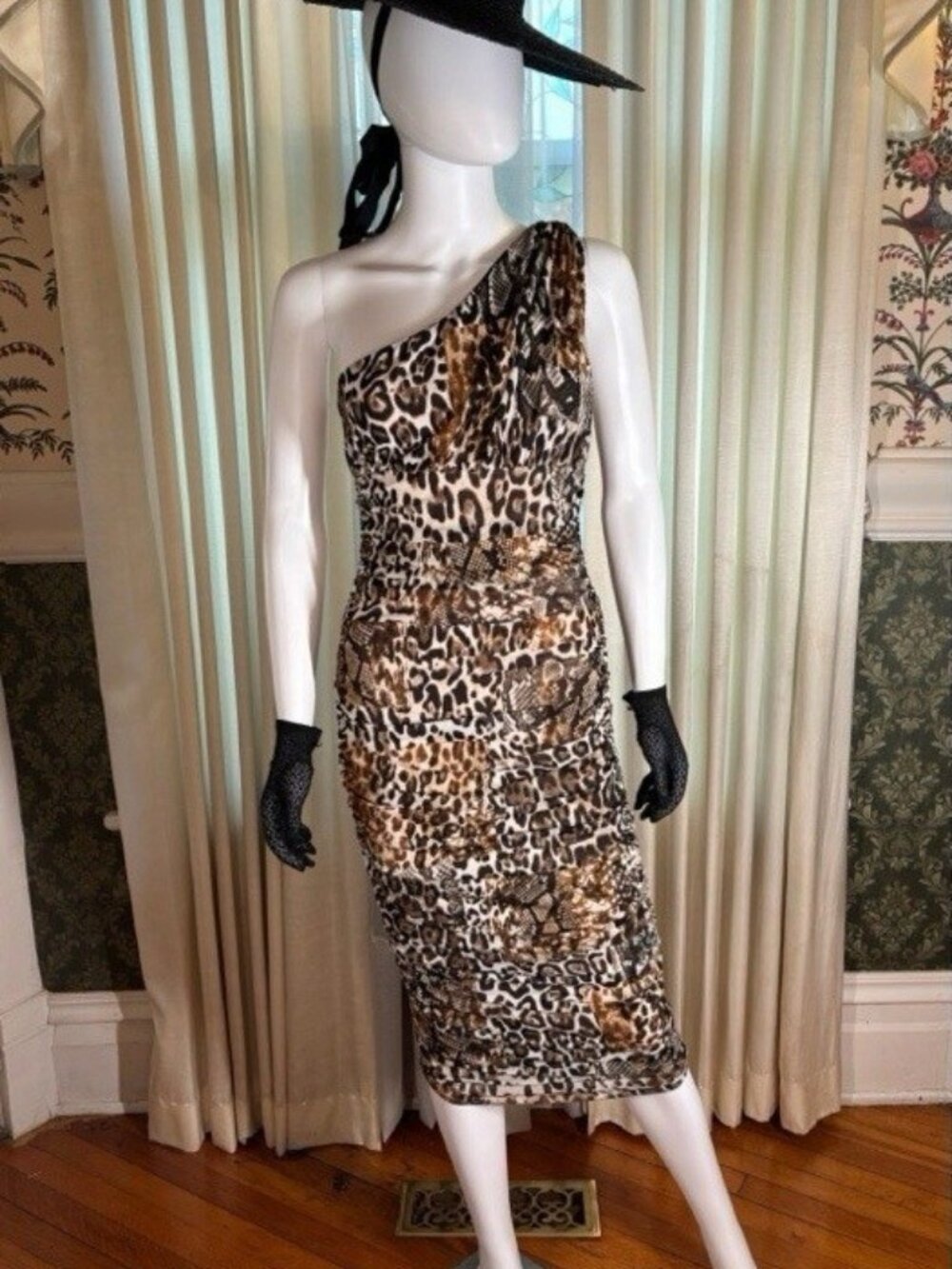 HerShe Animal Print One Shoulder Ruched Mesh Stretch Wiggle Dress S Bombshell